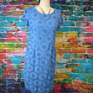 Talbots Blue Floral Short Sleeve Crochet Sheath Dress Size 8